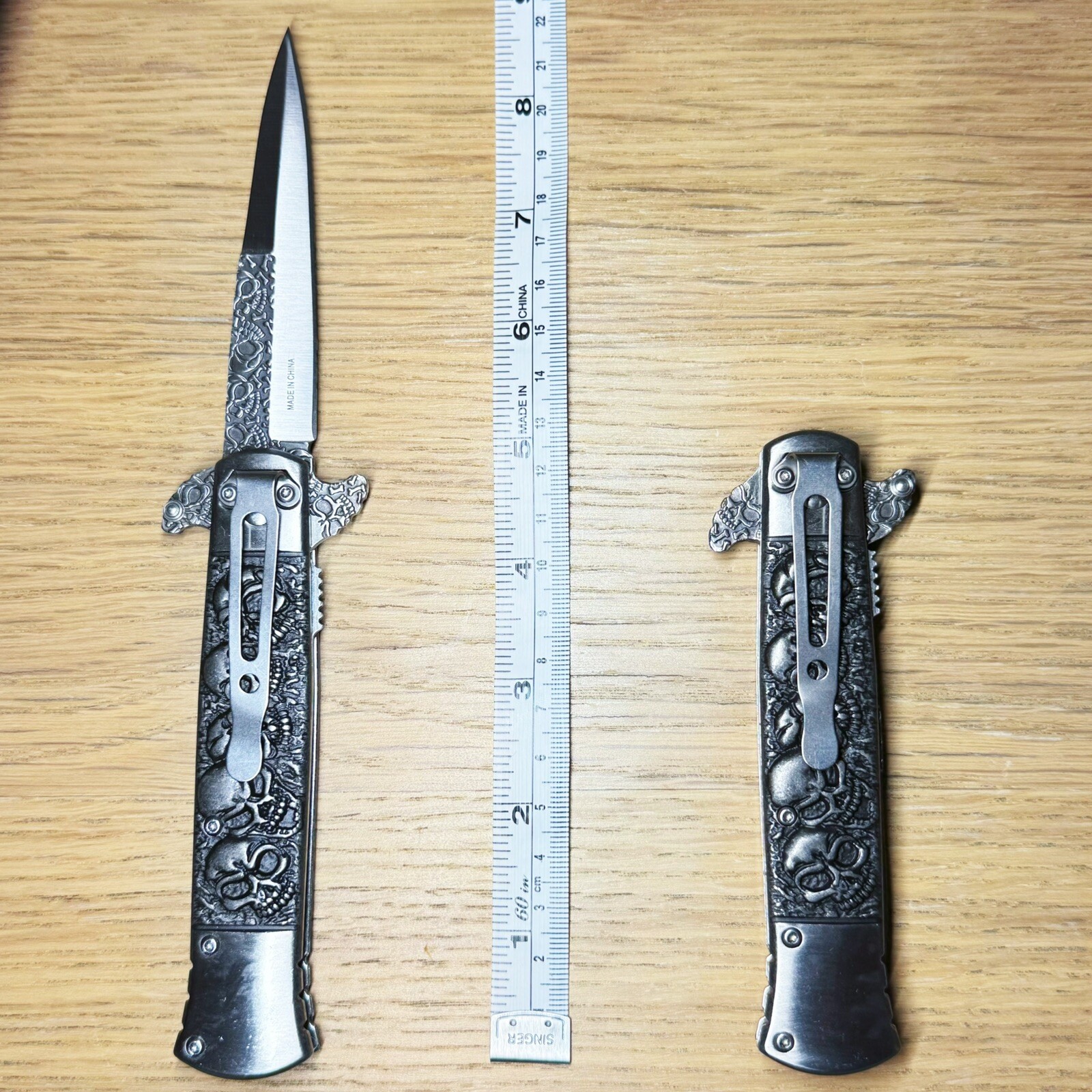 9" Skull Silver Stone Spring Assisted Folding Pocket Stiletto Needle Knife Blade