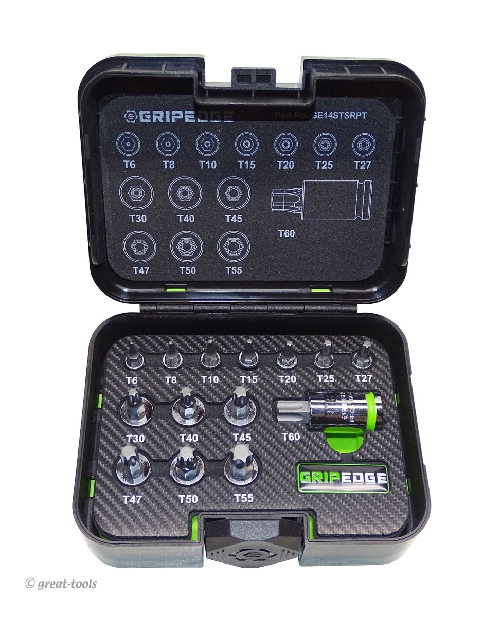 RPT TORX SET – 14-pc Grip Edge Tools star sockets – T6 to T60 bits