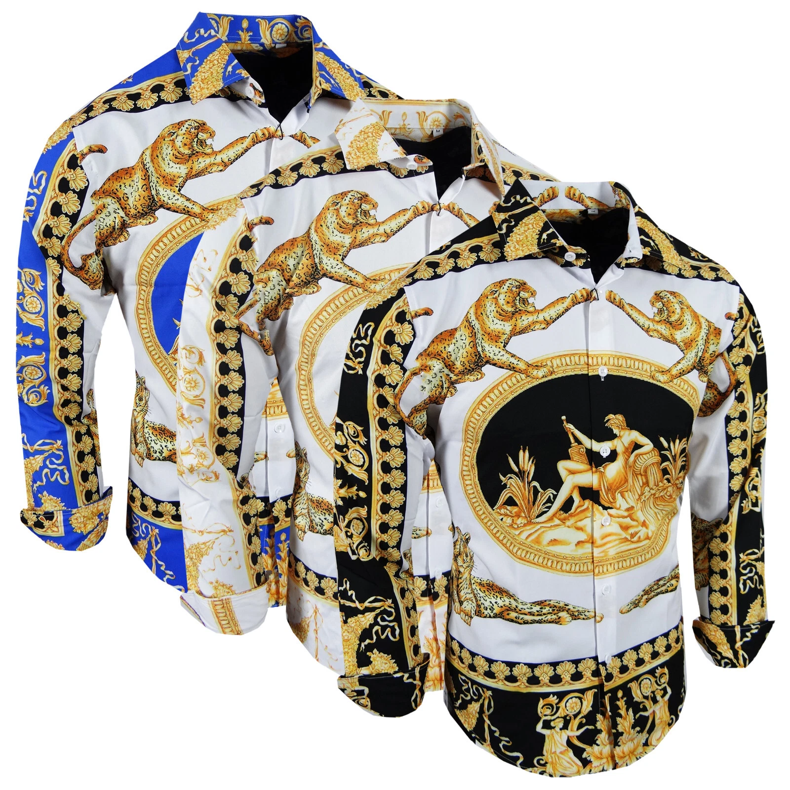 Designer Italian Mens Shirt Floral Gold Leaf Animal Print Button Silky Stretch