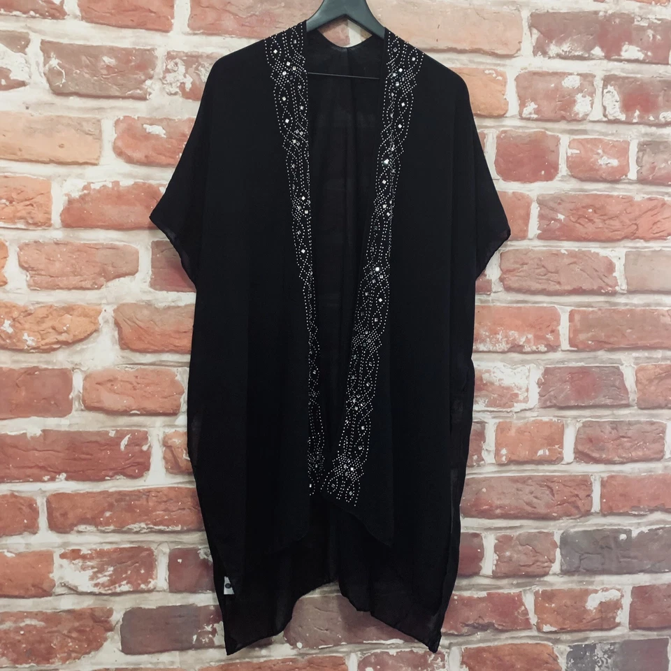 Jessica McClintock Kimono Blusa Topper OS Mujer Negro Estrás Encogido de hombros�� Foto 2 de 4
