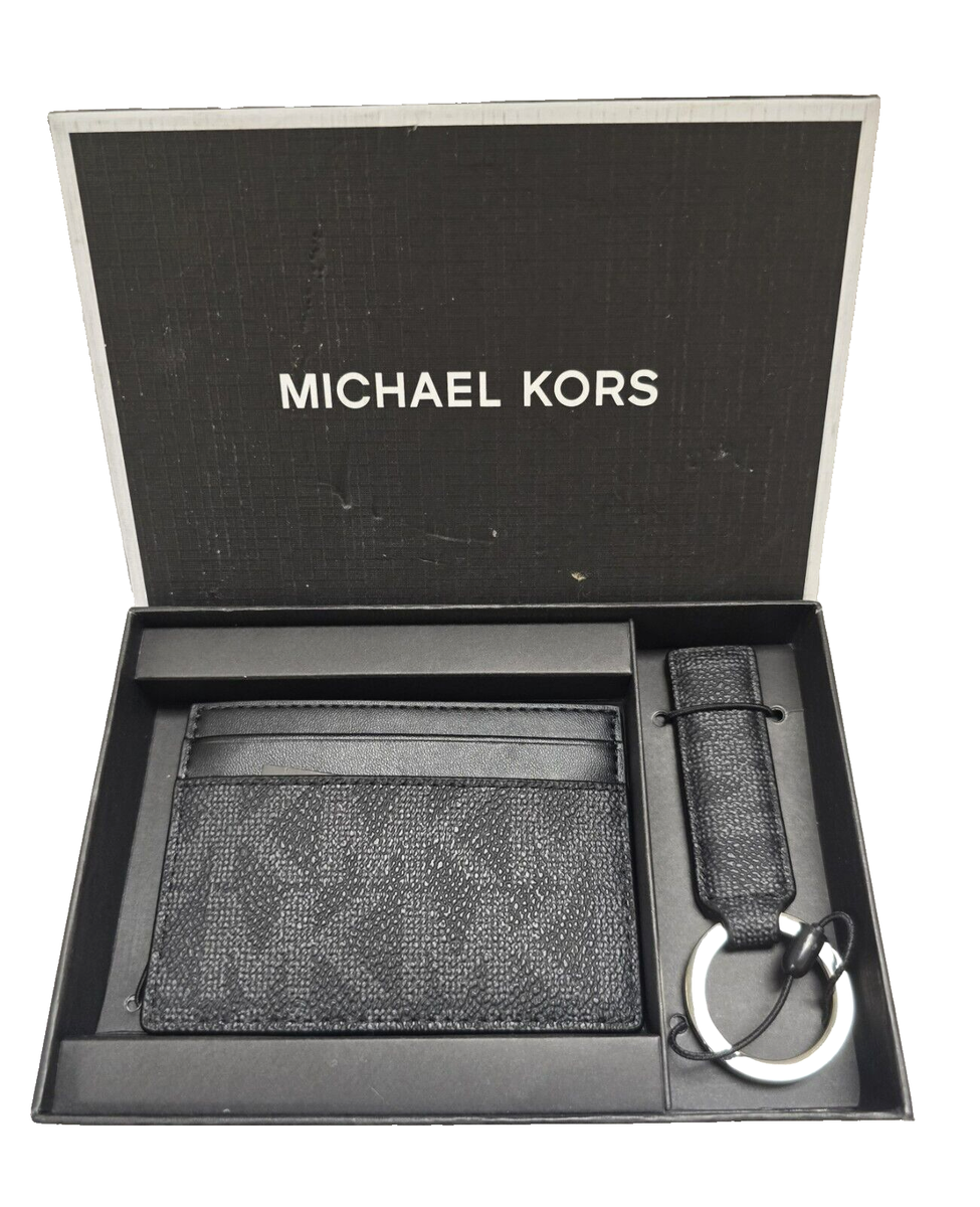 ★KIRSH★ Pocket Signature Card Wallet Black MICHAEL KORS BLACK MK LOGO SIGNATURE SLIM CARD CASE MEN'S