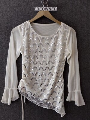 Women's Mesh Latin Beaded Transparent Blouse Long Sleeve S/M