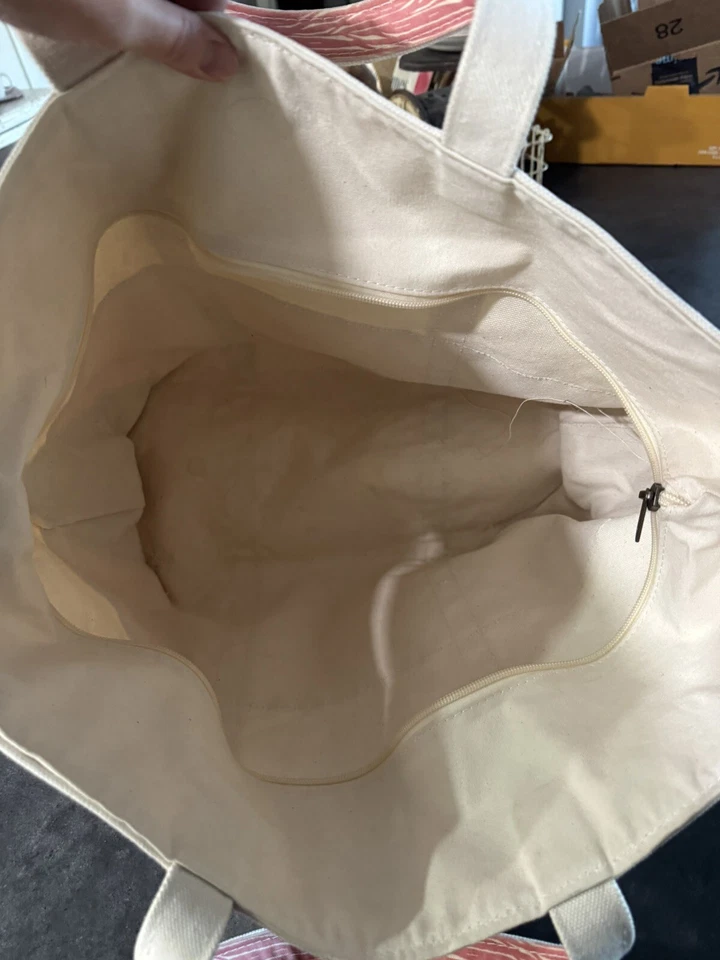 XL Vintage LL BEAN Barco y Bolso Enorme Rígido Lona Natural Crema y Rosa Foto 3 de 4