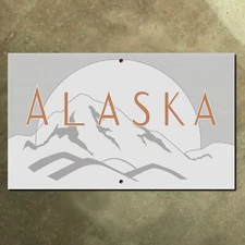 Alaska state line welcome scenery mountains highway 1960s road sign 15x9