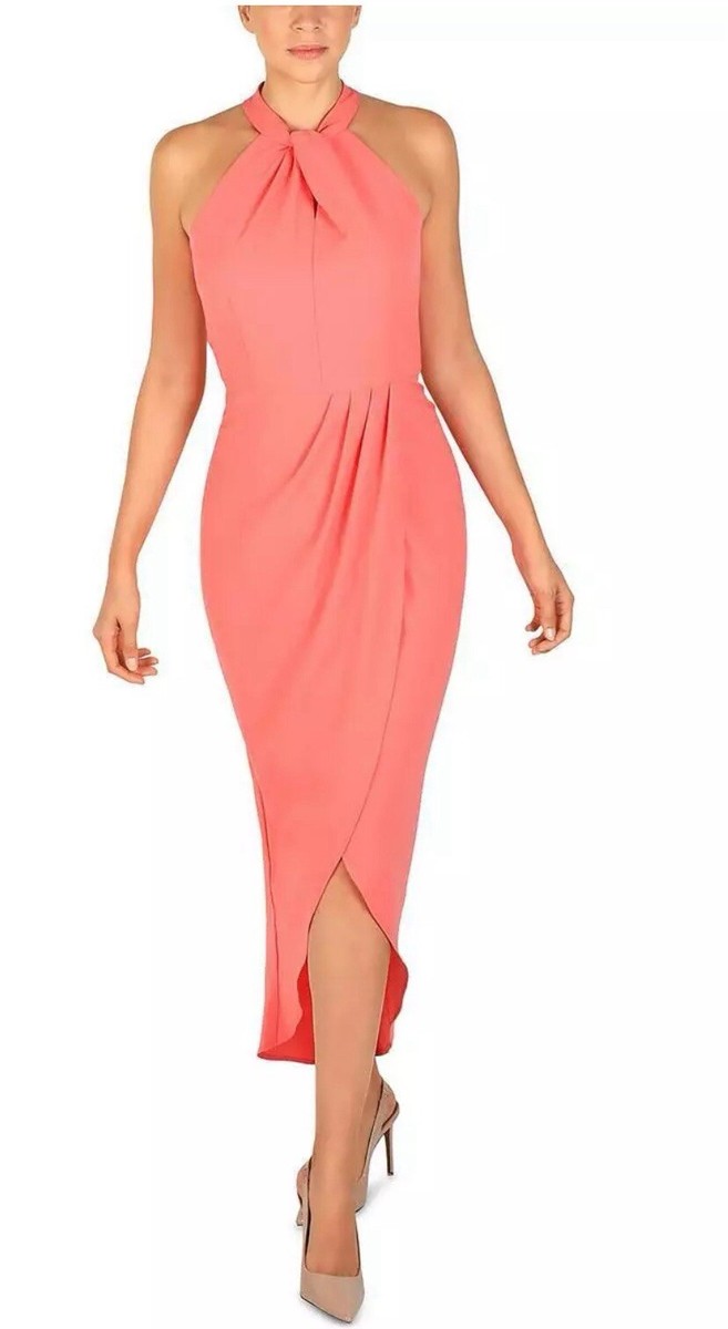 Julia Jordan Crepe Halter Slit Back Tulip Hem Midi Sheath Coral Salmon Dress  16 | eBay