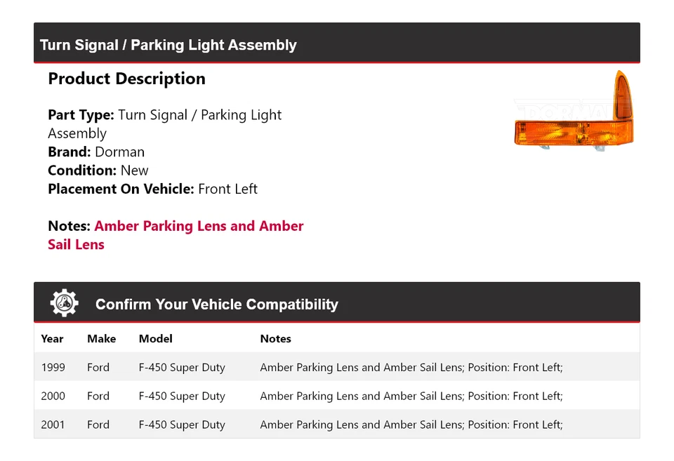 Conjunto de luces de giro/estacionamiento Dorman 2000 para Ford F-450 Super Duty 1999-2001 Foto 2 de 4