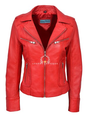 Damen Lederjacke rot Mode Biker Style 100% echtes Napa Lammleder Leder