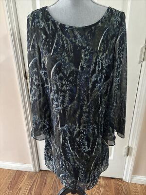 JBS Womens 10 Boho Dress ABSTRACT Lined Bell Sleeves Black Blue Olive Gray Flowy