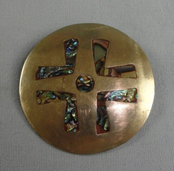 VINTAGE MEXICAN PIN PENDANT ABALONE CROSS INLAY S… - image 3