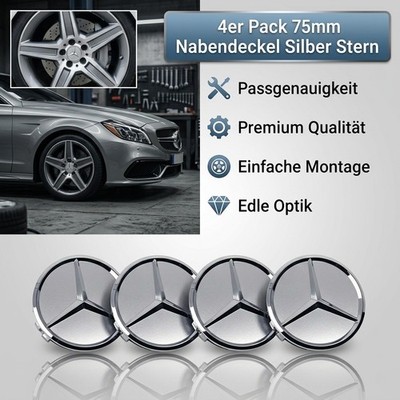 4x 75mm Mercedes-Benz Nabendeckel Radnabendeckel Felgenkappen Logo Emblem Silber