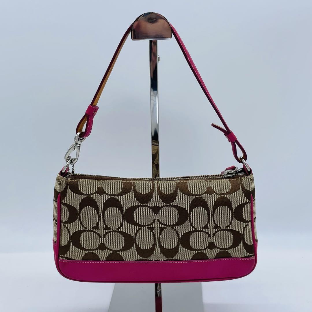 バッグ Coach accessory pouch vintage signature Shoulder Bag COACH Signature Pink Beige Mini Accessory Pouch