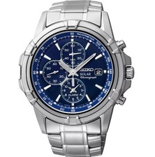 Seiko Men's Essentials Blue Dial Solar Alarm Chronograph 42.5mm Watch SSC141