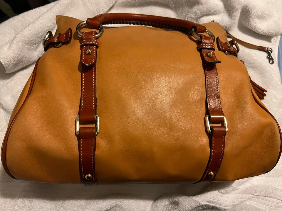 Dooney & Bourke Yellow Tan Florentine Leather Satchel Bag Tassel Whipstitch Stud - Image 3 of 4