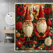 Christmas Gnome Shower Curtain Floral Woodland Red Green