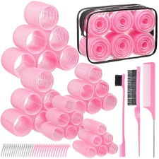 Self-Grip Hair Rollers Set, 64 Pcs with Clips for All Hair Lengths, Pink