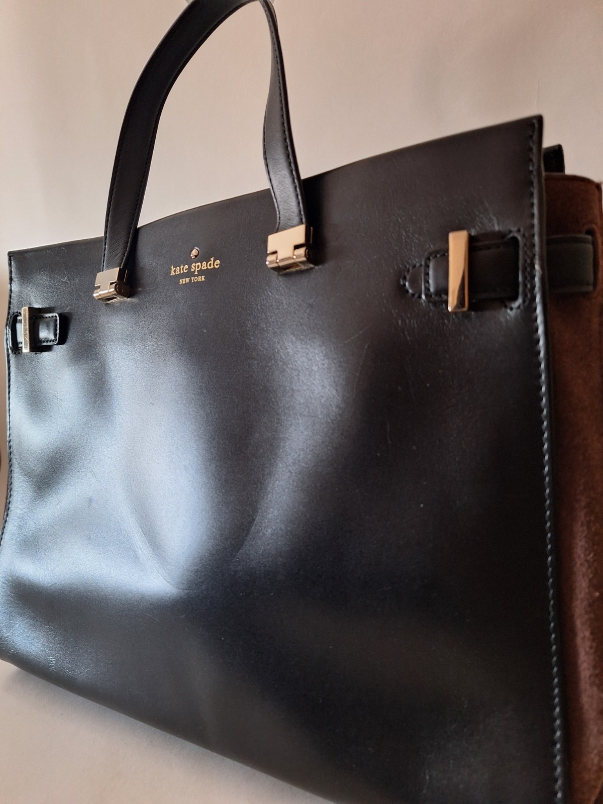 Kate Spade Large Black/Brown Leather and Suede Zip Satchel Handbag thumbnail 8