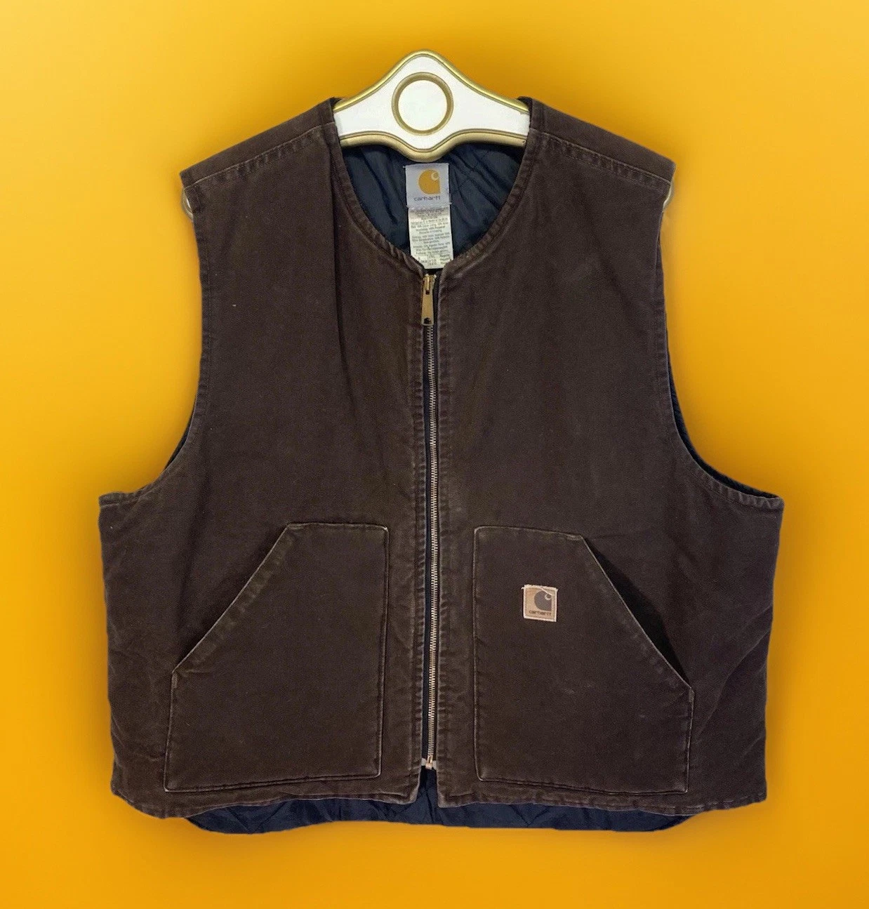 Vtg Carhartt Quilt Lined Vest 2XL Brown Canvas USA V02 DKB - Read Collar Cut Off