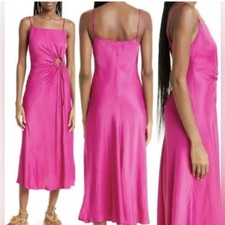 Farm Rio Dress Midi Slip Circle Cutout in Hot Pink Satin