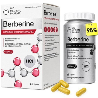 Berberin Kapseln Hochdosiert 500mg   Berberine HCl 98%   Geruchsneutral -60 Kaps