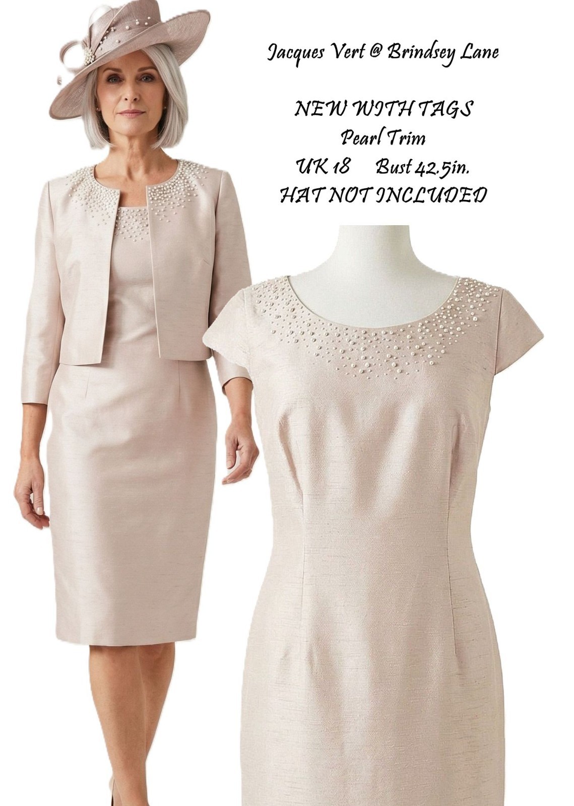 New Jacques Vert Pearl Trim Champagne Pale Pink Pencil Dress & Bolero 18 NO HAT