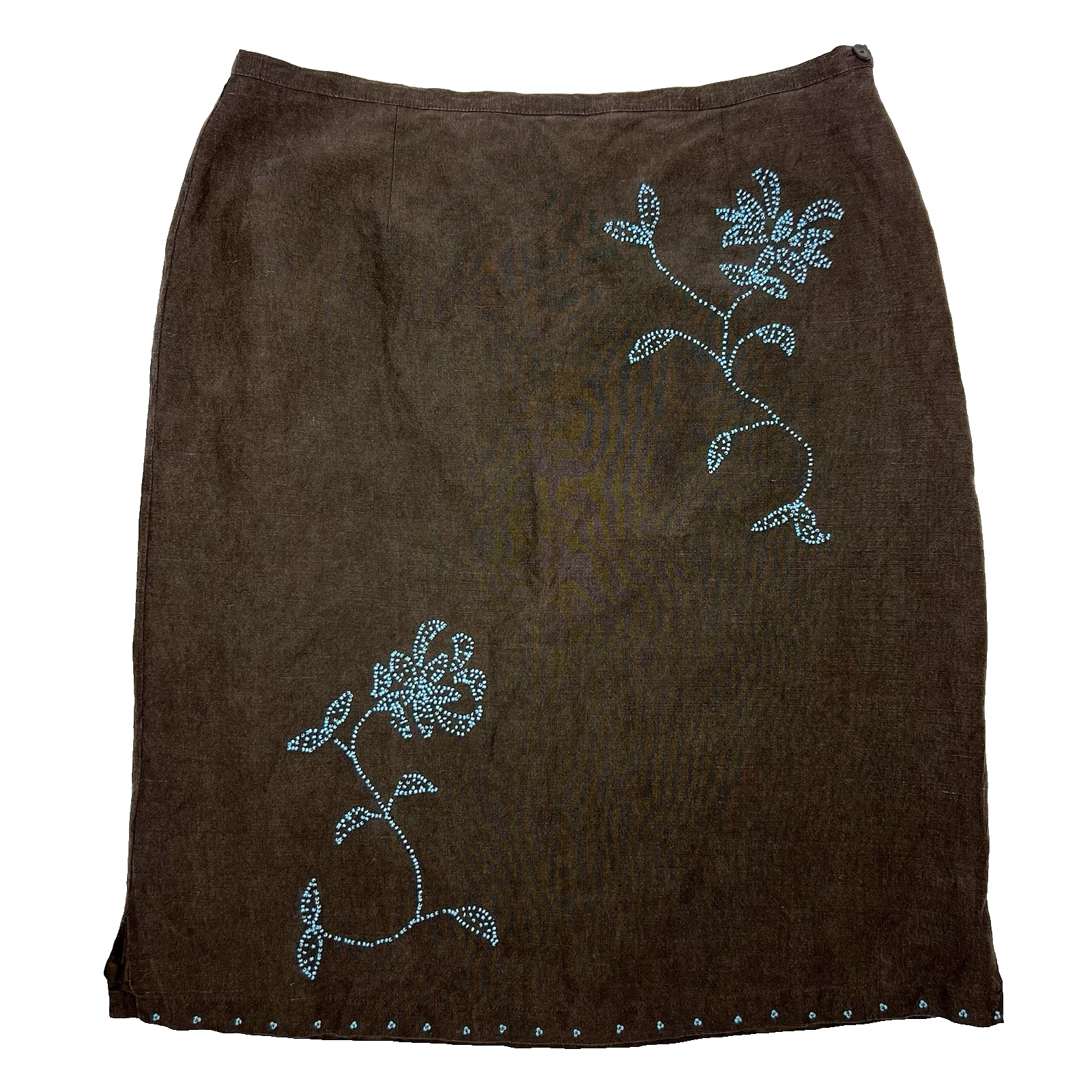 Y2k Silk Linen Skirt Vintage Size 12 Brown Blue Aqua Beaded Lined Minimalist