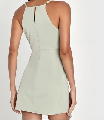 knee length dresses for ladies In The Heights Halter Mesh Satin Mini Dress Sage