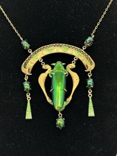 Antique Art Nouveau Egyptian Revival Beetle Wing Scarab Enamel Necklace
