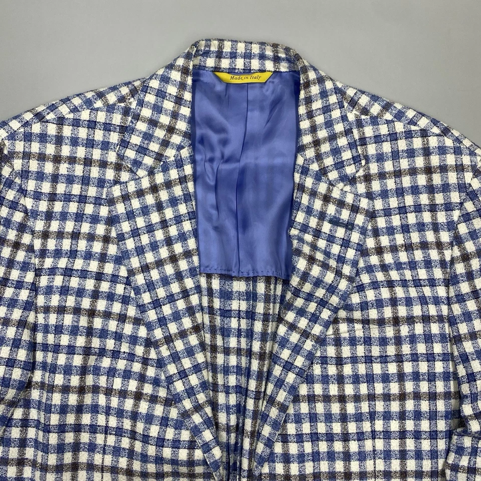 Куртка мужская Canali Kei Blazer 40/50R хлопок шерсть лен синяя клетчатая неструктурированная - Изображение 3 из 4