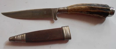altes Jagdmesser Gürtelmesser mit Lederscheide Solingen rostfrei Horngriff - Bild 1 von 4