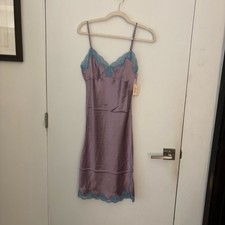 NWT Vintage Y2K Gold Hawk 100 Silk Midi Dress S Sleeveless Slip Lace Lavender