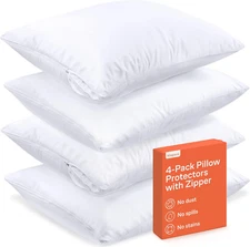 4 Pack Pillow Protectors Standard Size Soft Zipper Covers White Washable Case
