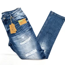 M.Society Men's Jeans Stretch Skinny Fit Blue Faded Jeans Distressed Design