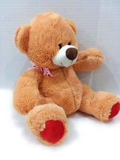Plush 12" Light Brown Teddy Bear With Red Feet  Heart Ribbon