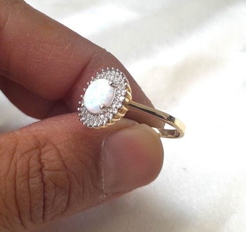 9ct Gold Opal Ring Round Cubic Zirconia Ladies Oval Size N Lab Created - Picture 4 of 18