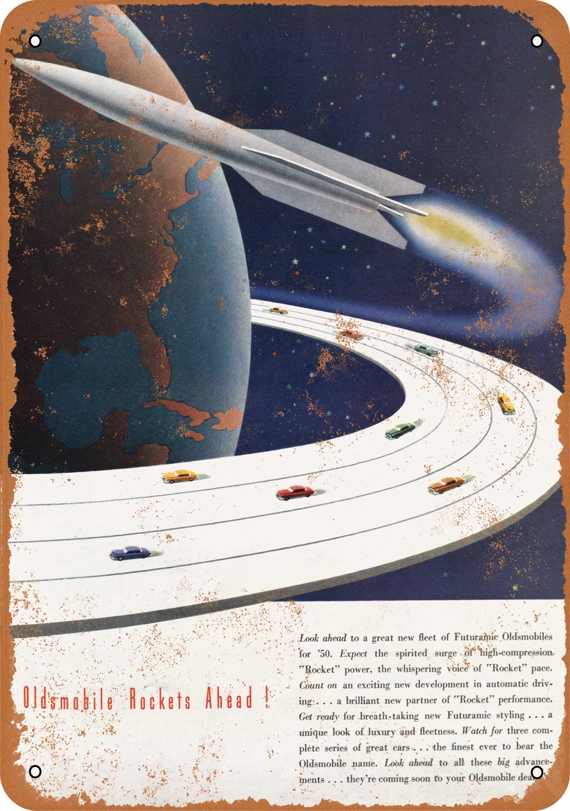 METAL SIGN - 1950 Oldsmobile Rockets Ahead - Vintage Look Reproduction ...