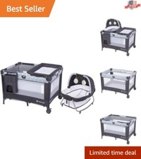 Compact Grey Nursery Den Playard with Safe Rocking Cradle  Easy Diaper Changes