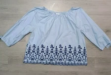 Time And Tru Blue Eyelet Blue Peasant Top Off Shoulder Bow Sleeve Size XXL