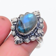 Natural Labradorite Gemstone 925 Sterling Silver Jewelry Ring Size 8 US
