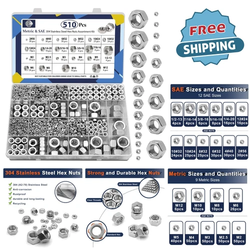 Comprehensive 2-in-1 SAE & Metric Hex Nut Collection - 510-Piece Stainless Set