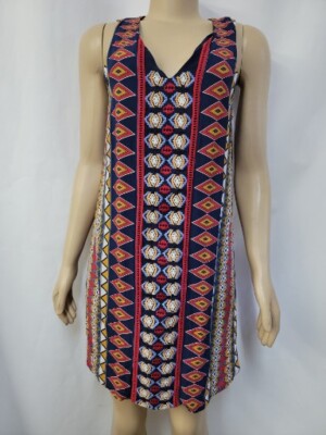 HTML Multicolored BOHO Geometric Shift Dress Cut Outs Size M EMBROIDERED #C