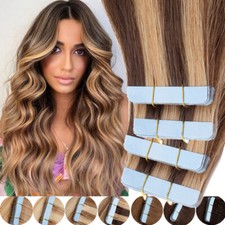 60PCS Tape-In Russian Remy Thick Human Hair Extensions Skin Weft Ombre Highlight