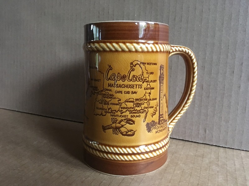 Vintage CAPE COD MASSACHUSETTS Ceramic Stein Mug, Map & Historic Landmarks, 5.5"