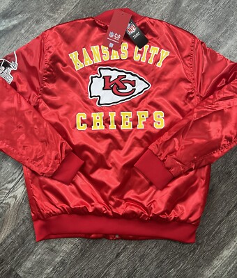 NFL Kansas City Chiefs Satin Varsity Bomber Jacket Red Shiny Yellow Men sz S
