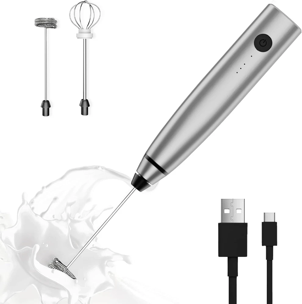 Milk Frother Rechargeable Handheld Electric Whisk Coffee Frother Mixer with 2 St