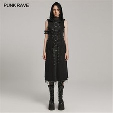 Punk Rave Women Gothic Hooded Vest Drawstring Decor Sleeveless Long Waistcoat
