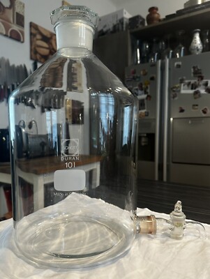 10L Schott Duran Glas Flaschen Kolben Mit Glasdeckel und Glas Ausguss Hahn Gebr.