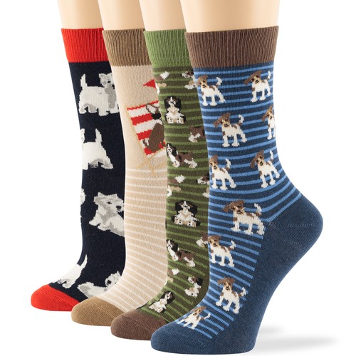 Women Fun Puppy Spaniel Cotton Crew Socks -4 Pack Medium-Green, Navy Blue, Beige - 第 1/12 張圖片