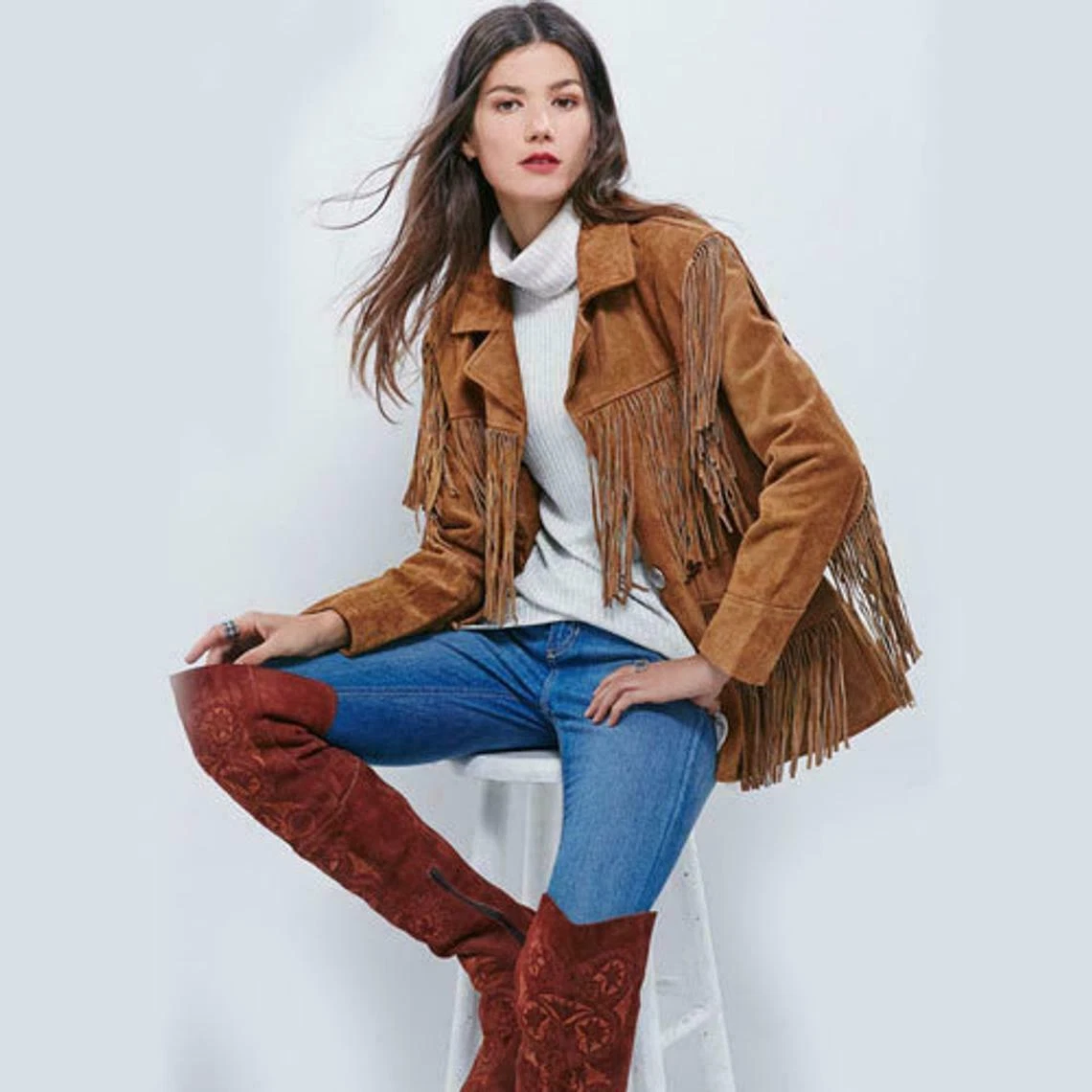Women Ladies-Western Brown Suede Leather Wear Fringe Vintage Coat Jacket