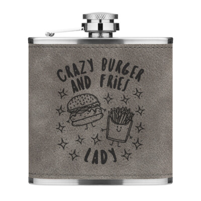 Crazy Burger und Pommes Lady Stars 6 Unzen PU Leder Flachmann grau lustig Essen Chips