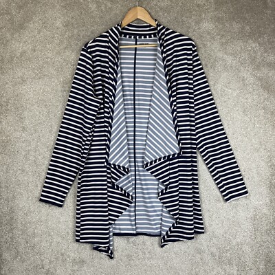 Lands End Cardigan Womens Large Blue Stripe Long Sleeve Stretch Open Front-9861*